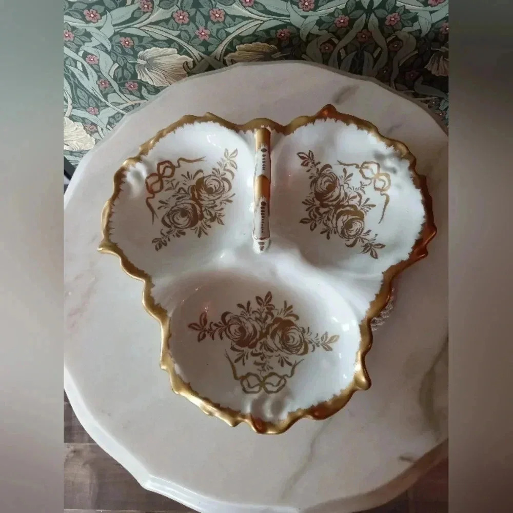 🇨🇵  Vintage Birks White Porcelain With Gold Handpainted Divided Serving Plate